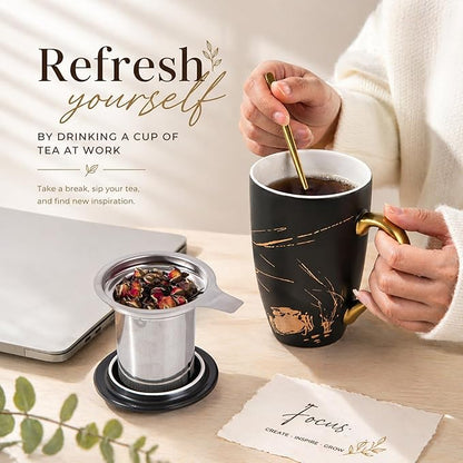 AmorArc Ceramic Tea Cup with Infuser and Lid, 17 Oz, Ceramic Cup with Handle for Steeping Loose Leaf Teas, Steeping Tea Mug with Strainer, Black