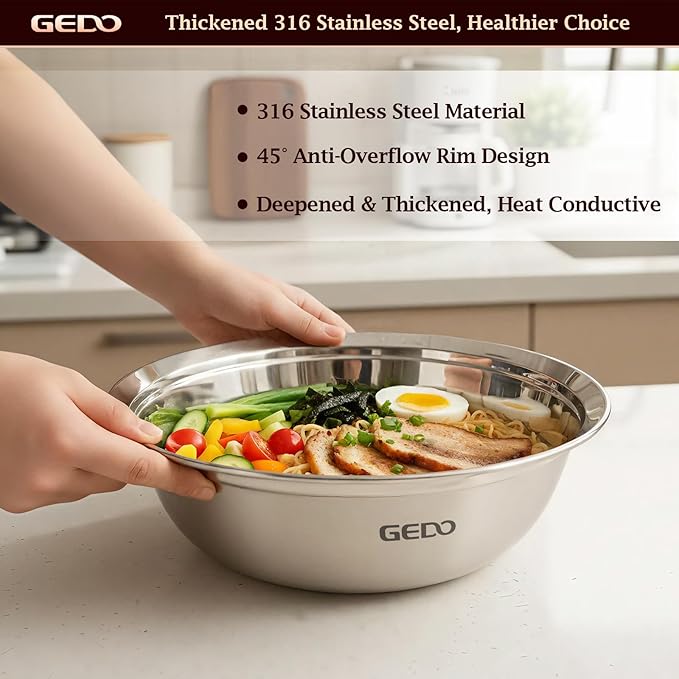 GEDO Stainless Steel 3pcs, 4pcs Mixing Bowls Set, 316L,Grade, Silver, Nesting Design, Professional Kitchen Bowls (7.86/9.43/11 in)