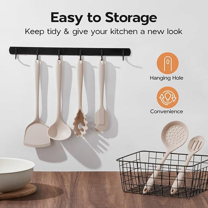 Onader Kitchen Utensils Set, Silicone Non Toxic Cooking Utensils, 6 Pcs Heat Resistant Kitchen Gadgets Set for Nonstick Cookware - Khaki