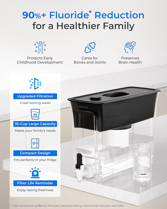 Waterdrop Fluoride-Reducing Water Filter Dispenser, 35-Cup, 150-Gallon Long-Life, Large Capacity, Reduces Chlorine, PFOA/PFOS and More, BPA Free, Black (with 1 Filter) - Image 2