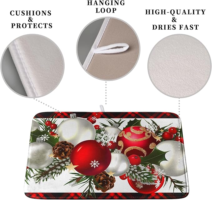 Red Buffalo Plaid Christmas Kitchen Drying Mats for Dishes Xmas Ball Snowflake Pine Cones Dish Drainer Rack Mat Winter Microfibe Absorbent Dish Drying Pad for Home Kitchen Counter Decor 18x24in - Image 3