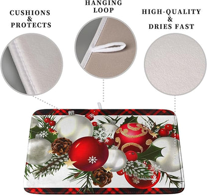 Red Buffalo Plaid Christmas Kitchen Drying Mats for Dishes Xmas Ball Snowflake Pine Cones Dish Drainer Rack Mat Winter Microfibe Absorbent Dish Drying Pad for Home Kitchen Counter Decor 18x24in - Image 3