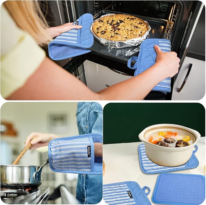 Alselo Silicone Pot Holders Set of 3 Heat Resistant & Non Slip Potholders, Professional Oven Hot Pads with Pockets Mitts for Kitchen Cooking Baking Barbecue (3, Blue) - Image 5