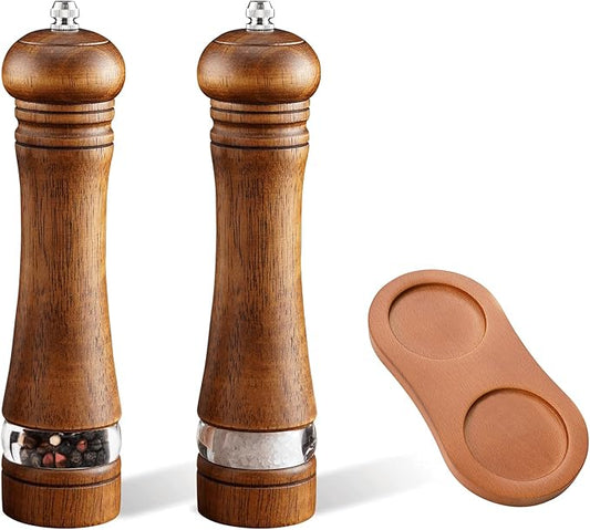 2-Piece Salt and Pepper Grinder Set with Wood Tray, 8 Inch Wooden Salt and Pepper Mills with Adjustable Coarseness, Refillable Manual Pepper Mill Grinder for Home Cooks (Brown)