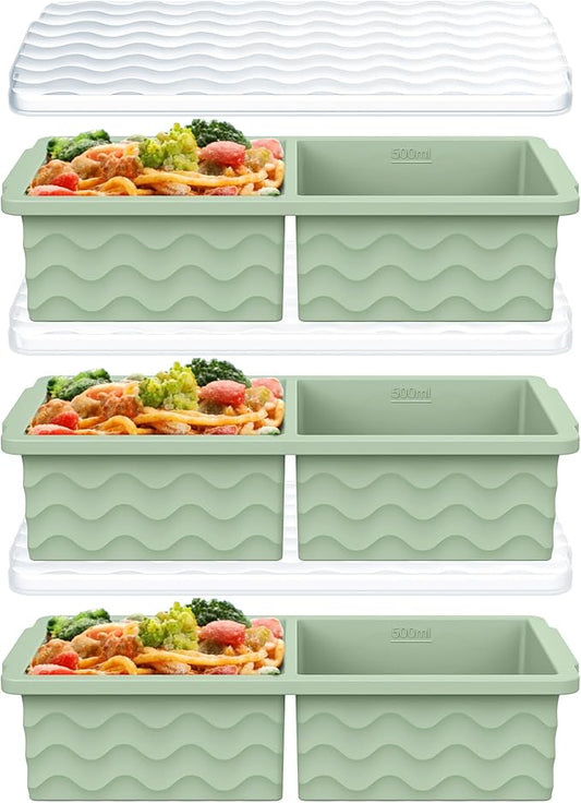 3-Pack Silicone Freezer Trays with Lid, Soup Freezer Container Molds, Silicone Freezer Molds, Ice Cube Tray for freezing Soup Sauce Broth Leftovers, Dishwasher & Oven Safe, BPA Free (2-cup,green)