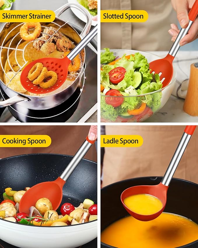 Silicone Cooking Utensil Set, 8Pcs Non-stick Cookware with Stainless Steel Handle, BPA Free Heat Resistant Kitchen Tools with Spatulas, Turners, Spoons, Skimmer and Pasta Fork (RED) - Image 4
