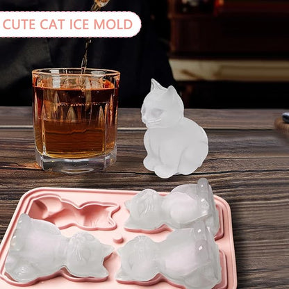 Cat Ice Cube Tray Silicone Large Ice Cube Mold, Fun Shapes Ice Cube Trays for Freezer with Lid, Big Ice Molds for Bourbon Whiskey Cocktails, Cute Gifts for Cat Lovers