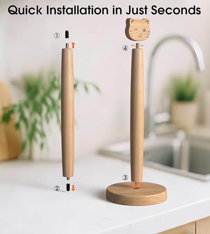 KitchLife Cute Wooden Paper Towel Holder Countertop - Solid Freestanding Paper Towel Dispenser Stand Organizer with Anti-Skid Base (Cat) - Image 5