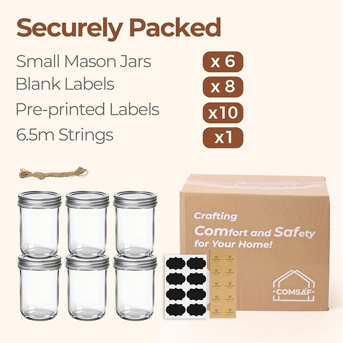 ComSaf Small Mason Jars 8 oz 6Pcs, Half Pint Regular Mouth Mason Jar with Lids and Seal Bands, Glass Canning Jars for Jam, Jelly, Spice, Meal Prep, Honey, Shower Wedding Favors, DIY Candles Decor - Image 8