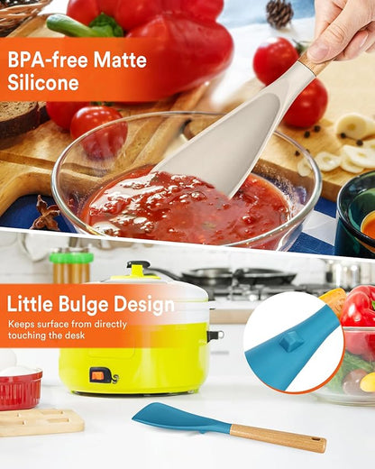 Cooking Spoon for Nonstick Cookwares, Great for Cooking and Serving Sturdy BPA-Free Matte Silicone, Wood Handle Spoon for Mixing, Scoop, and Scrape (Khaki & Turquoise, 13.4 inch) - Image 5