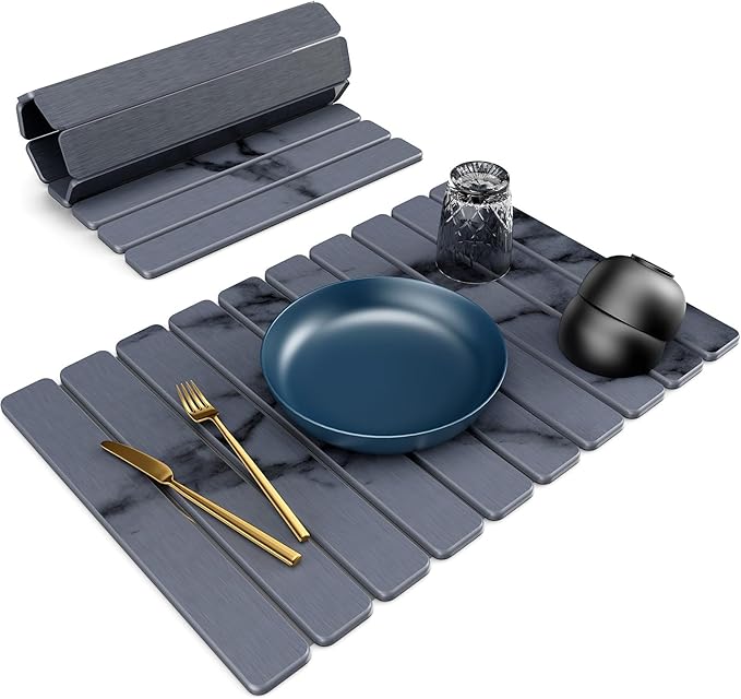 Large Stone Dish Drying Mat for Kitchen Counter, 24"(L)×16"(W), Collapsible Quick Dry Stone Dish Mats, Super Absorbent Diatomaceous Earth Drying Pad for Dishes Bottles Cups, Countertops (Marble) by Incenseburner