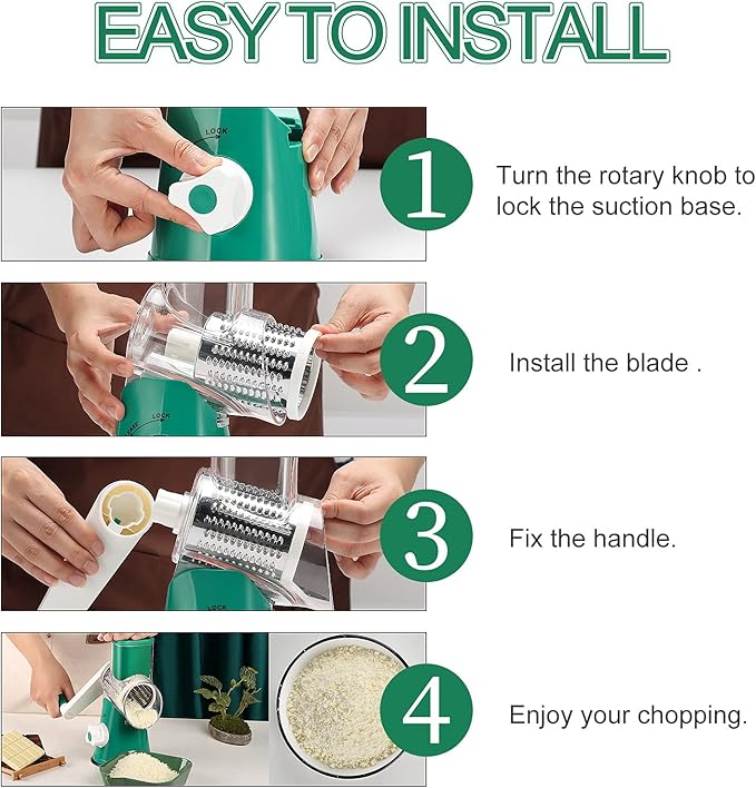 Ourokhome Rotary Cheese Grater Hand Crank, Kitchen Shredder Speed Mandolin Slicer Nut Grinder with Handle and Drum Blades for Cheese, Vegetable, Walnut, Chocolate, Potato, Carrot, 3 Blades, Emerald - Image 6