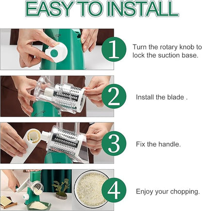 Ourokhome Rotary Cheese Grater Hand Crank, Kitchen Shredder Speed Mandolin Slicer Nut Grinder with Handle and Drum Blades for Cheese, Vegetable, Walnut, Chocolate, Potato, Carrot, 3 Blades, Emerald - Image 6