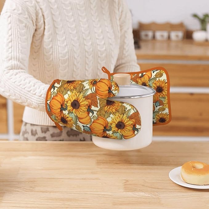 Fall Pumpkin Sunflower Silicone Oven Mitts Pan Mats Set of 2, Heat Resistant Gloves Potholder with Non-Slip Grips Hanging Loops Pot Holder, Spring Summer for Chef Cooking, Baking, Grilling, BBQ