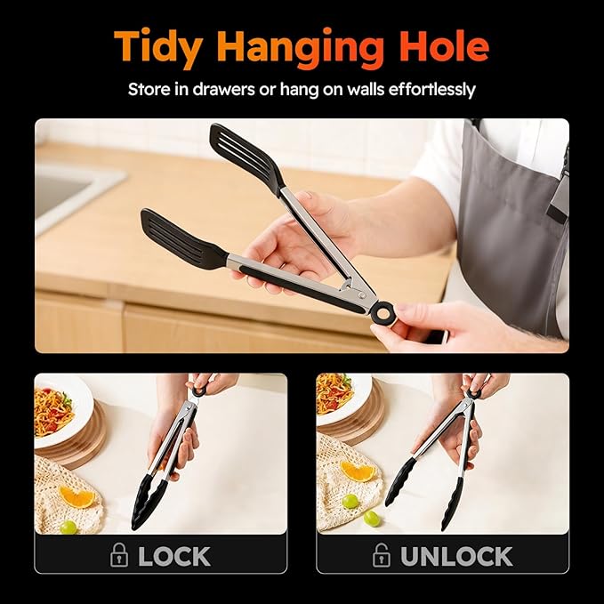 HST Tongs for Cooking with Silicone Tips(3 Pack), Non Stick Kitchen Tongs with Silicone Tip for Cooking BBQ Baking (9", Black) - Image 7