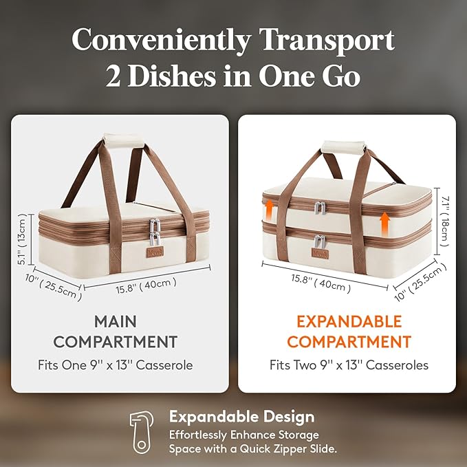 Lifewit Insulated Double Decker Casserole Carrier, Expandable Lasagna Lugger Tote Bag for Hot or Cold Food, Fits 9" x 13" Baking Dish for Potluck Parties, Picnic and Cookouts, Cream