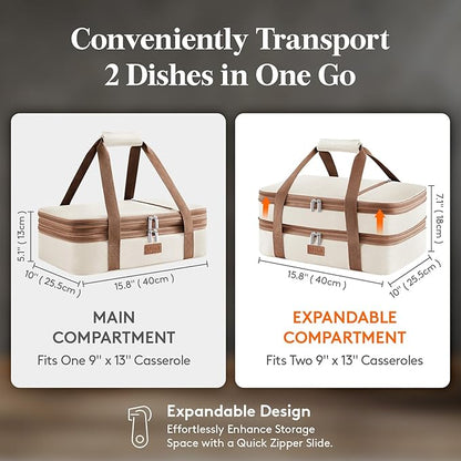 Lifewit Insulated Double Decker Casserole Carrier, Expandable Lasagna Lugger Tote Bag for Hot or Cold Food, Fits 9" x 13" Baking Dish for Potluck Parties, Picnic and Cookouts, Cream