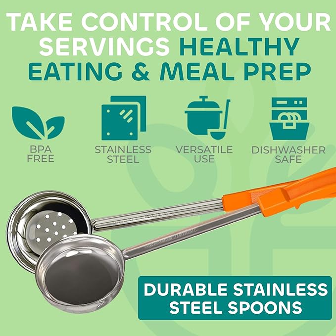 Portion Control Serving Spoons - (8 Piece Set) Restaurant Measuring Serving Ladle Utensils for Weight Loss, Bariatric Gastric Sleeve, Includes 2, 4, 6, 8 oz Solid & Perforated Scoops, 14-1/4" Long - Image 2