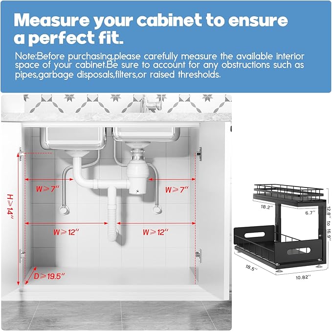 Under Sink Organizer Upgrade To Professional Rails,2-Tier Dual Pull Out Cabinet Storage,Height Adjustable Slide Out Drawers For Bathroom Kitchen,1 Pack-18.5"Dx12.8"-16.9"H,Black - Image 2