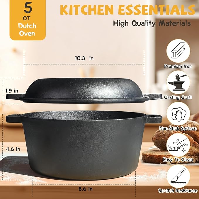 Advanced Cast Iron Dutch Oven for Baking, With Banneton Bread Proofing Basket & Baking Supplies, 5QT Multi-Functional Dutch Oven Pot with Lid, Cast Iron Bread Pan, Black - Image 3