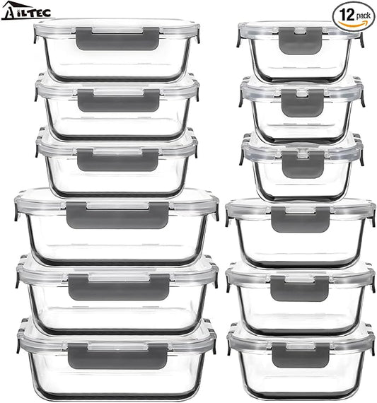 AILTEC 12 Pack Glass Food Storage Containers with Lids, Glass Meal Prep Containers Set with Leak Proof Lids, Airtight Lunch Container for Kitchen, Microwave, Oven, Freezer, Dishwasher Safe, Bpa free