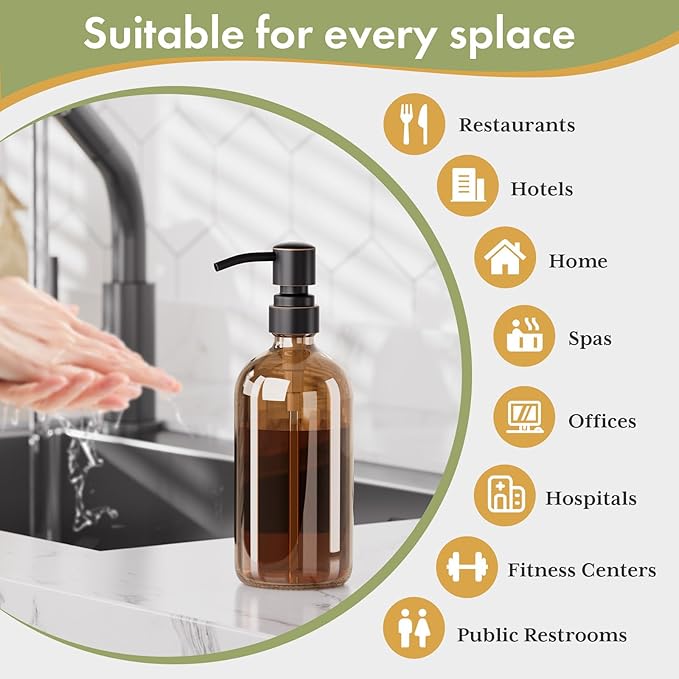 AmazerBath Amber Glass Soap Dispensers, 2 Glass Amber Pump Bottles, 17 Oz Dish Soap Dispenser, Kitchen Bathroom Hand Soap Dispensers for Hand Sanitiser, Shampoo, Lotion, Shower Gel Conditioner - Image 8