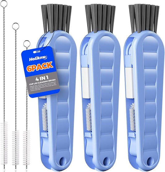 6 Pack Holikme 4 in 1 Cup Lid Cleaning Brush Set with 3 Straws, Multifunctional Bottle Brush, Silicone Cup Lid Gap Cleaner, Durable Bristle Crevice Cleaning Brush, Blue by Holikme