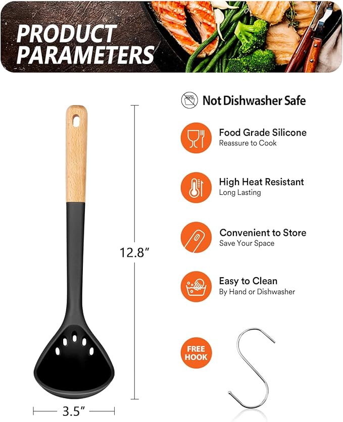 Large Silicone Ladle Spoon for Soup, Non Stick Kitchen Utensils with High Heat Resistant, BPA Free, Perfect Kitchen Tools for Cooking, Stirring,Serving Soups, 13.2inch (Black)