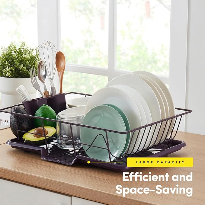 Space-Saving 3-Piece Dish Drainer Rack Set: Efficient Kitchen Organizer for Quick Drying and Storage - Includes Cutlery Holder and Drainboard - Maximize Countertop Space, Eggplant Purple - Image 3