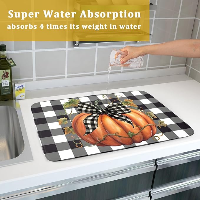 Fall Drying Mats for Kitchen Counter Fall Pumpkin Dish Drying Mat 18 x 24 Inch Autumn Black White Buffalo Check Dish Rack Mat Drainer Pad Thanksgiving Absorbent Microfiber Table Mat for Coffee Bar