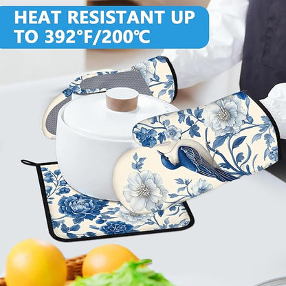 Blue Bird Blooming Flower Oven Mitts and Pot Holders Sets Heat Resistant 4Pcs Potholders Oven Gloves Hot Pads for Kitchen Baking Cooking Grilling BBQ