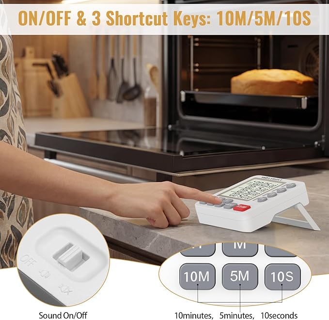 Digital Dual Kitchen Timer, 4 Channels Independent Countdown Timer, Large Display, On/Off, Loud Volume Alarm and Flashing Light with Magnetic Back, Stand, Battery Included (White) - Image 6
