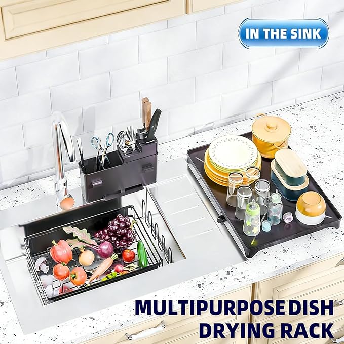 Simple Trending Dish Drying Rack, Space-Saving Large Dish Rack for Kitchen Counter, Anti-Rust Dish Drainer with Cutlery & Cup Holders, Black - Image 5