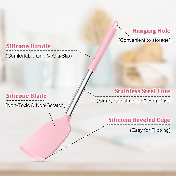 TeamFar Cooking Utensils Set, 5 PCS Silicone Kitchen Utensils with Stainless Steel Handle for Nonstick Cookware Turning Flipping Frying Draining, Heatproof & Healthy, Nonstick & Easy Clean, Pink - Image 3