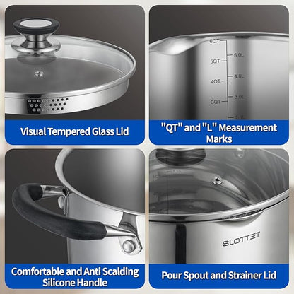 SLOTTET 6 Quart Stainless Steel Stock Pot with Strainer Glass Lid,6 Qt Soup Pot Multipurpose Stockpot with Pour Spout,Stay-cool silicone Handle.