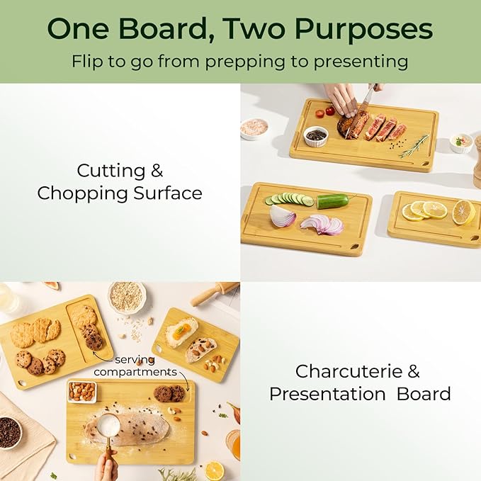 Keechee Wood Cutting Board for Kitchen - Reversible Bamboo Cutting Boards Gift Set of 3 with Juice Groove, Wooden Chopping Board for Meat, Fruit, Vegetables & Cheese (Pre Oiled, Natural) - Image 3
