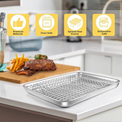 12.5 Inch Baking Sheet Pan with Cooling Rack Set, Joyfair Stainless Steel Toaster Oven Tray Pans with Grid Racks, Rectangular Bakeware for Cookie/Bacon, Heavy Duty & Rust-free, Dishwasher Safe
