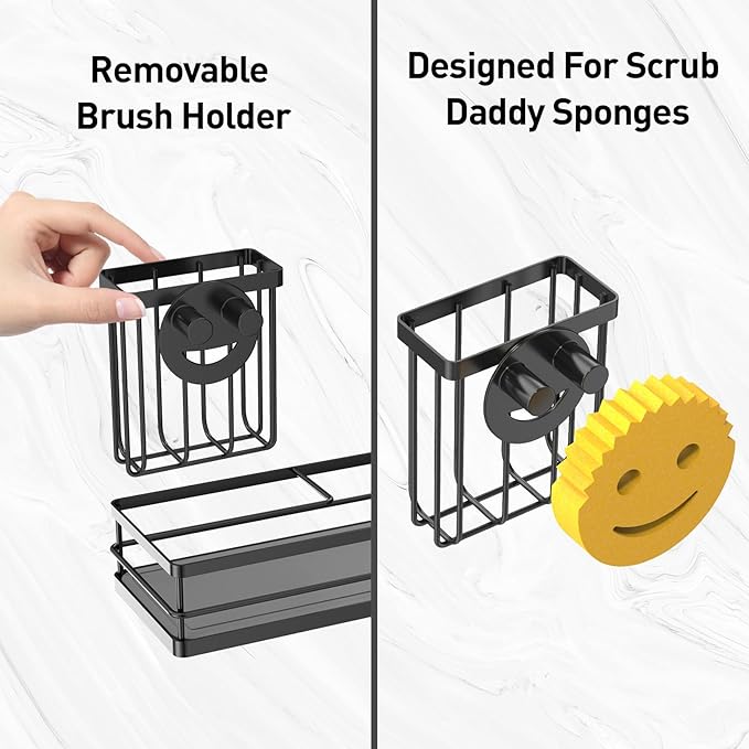 Moforoco Kitchen Dish Soap Dispenser Set, 16OZ Glass Bottle, Hand and Dish Soap Dispenser Set, Instant Dry Tray, Brush Holder with Smiley Face Sponge Holder (Black Tray+Clear Bottle) - Image 5