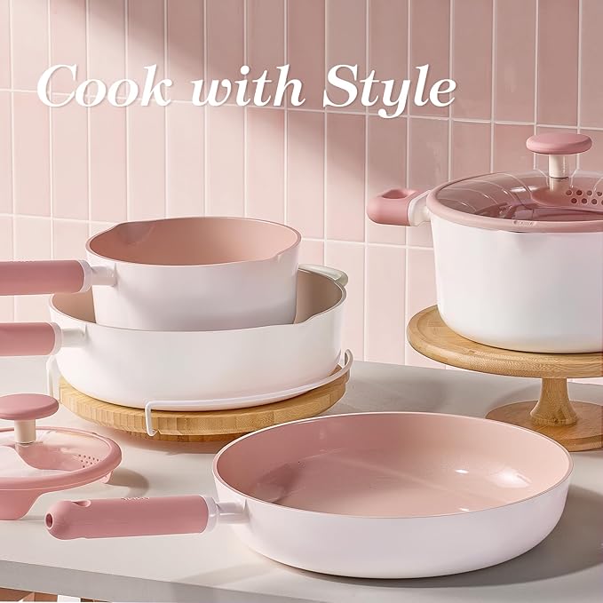 CAROTE 11 Inch Nonstick Deep Frying Pan with Lid, 5 Qt Chef Saute Pan with Pour Spout, Skillet Induction Cookware, Non Stick Cooking Pan Kitchen Pan, Healthy & PFOA/PFAS Free, Includes Spatula, Pink - Image 8