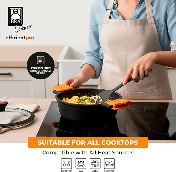 BRA COOKWARE Efficient Pro Nonstick Stock Pot w/Lid | 9.5 Inch 4.2 Quart Cooking Pot | 3-Layer Scratch Resistant Coating | PFOA Free Deep Pot | All Cooktops | Oven Safe up to 425°F (w/o Lid-Handles)
