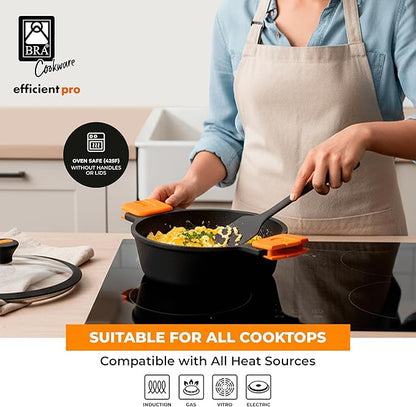 BRA COOKWARE Efficient Pro Nonstick Stock Pot w/Lid | 9.5 Inch 4.2 Quart Cooking Pot | 3-Layer Scratch Resistant Coating | PFOA Free Deep Pot | All Cooktops | Oven Safe up to 425°F (w/o Lid-Handles)