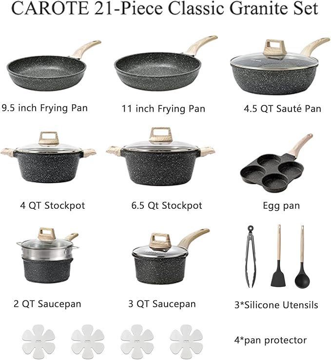 CAROTE 21pcs Pots and Pans Set Nonstick, Cookware Set Black Granite Induction Kitchen Cooking Set w/Frying Pans & Saucepans(PFOS, PFOA Free) - Image 2