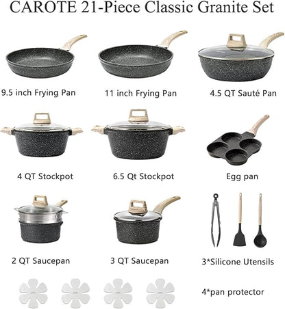 CAROTE 21pcs Pots and Pans Set Nonstick, Cookware Set Black Granite Induction Kitchen Cooking Set w/Frying Pans & Saucepans(PFOS, PFOA Free) - Image 2