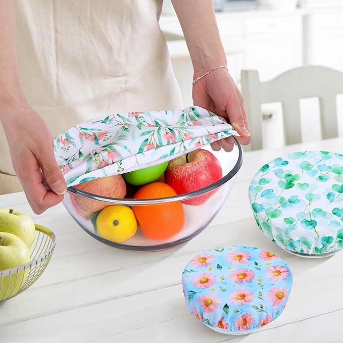 5 Pieces Bowl Covers Reusable, 5 Size Elastic Cloth Bowl Covers for Bread Proofing Stretch Food Covers Washable for Food Fruits Leftover (Pink Floral Eucalyptus leaves) - Image 5