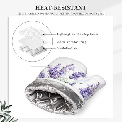Oven Mitts and Pot Holders Lavender Watercolor Flower Floral Silicone Kitchen Accessories Set of 4 Heat Resistant Long Gloves Potholder Non-Slip Grip for Chef Cooking Baking Grilling BBQ