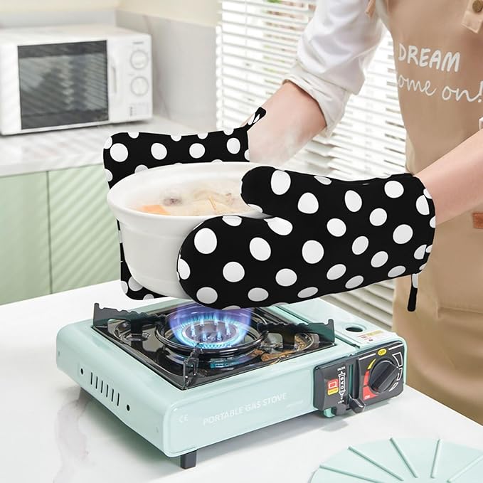Black White Retro Polka Dot Oven Mitts and Pot Holders Sets of 4, Heat Resistant Silicone Oven Mittens and Potholders Gloves Hot Pads for Kitchen Cooking Baking Grilling BBQ Chef - Image 5