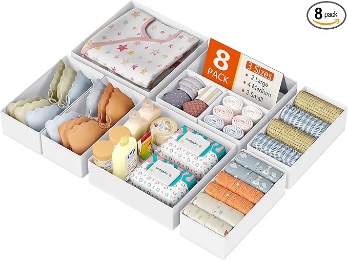 DIMJ Drawer Organizer Clothes, 8 Pack Dresser Organizer, Foldable Closet Organizers and Storage, Fabric Dresser Bins, Drawer Dividers for Nursery, Baby Clothes, Underwears, Sock (white) by DiMJ