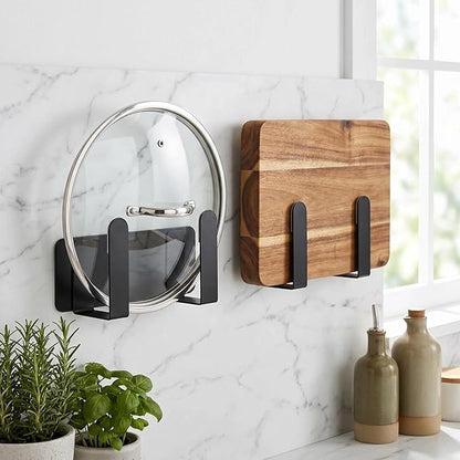 Pot Lid Rack, Wall Mounted 304 Stainless Steel Multi-Functional Storage Holder, Fits Cutting Boards, Pot Lids, Bathroom Scales, Self-Adhesive & Screw Mounting(Black, Set of 2) - Image 8