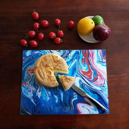 VASUHOME Glass Cutting Board, 16 * 12 inch Set of 1 Tempered Glass Cutting Board, Decorative Square Place Mat for Kitchen, Scratch, Heat, Shatter Resistant Cutting Mat, Navy Blue and Red