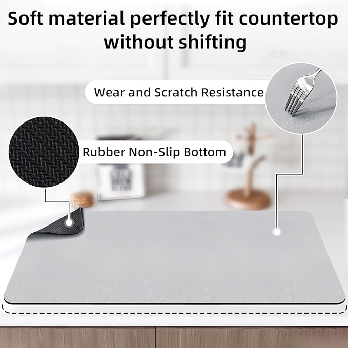 LOPNUR Kitchen Dish Drying Mat, 31.5"x17" Dish Drying Mats for Kitchen Counter, Diatomite Coffee Mat, Super Absorbent Dish Drying Pad, Heat Resistant Mat with Anti-slip Rubber Backed, Light Grey - Image 5
